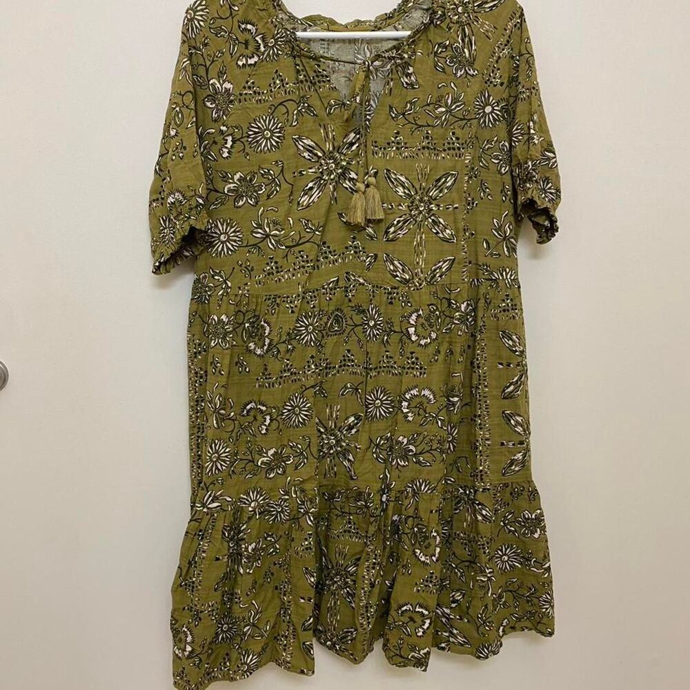 Green babydoll midi dress floral print boho ruffle skirt cottagecore moss color